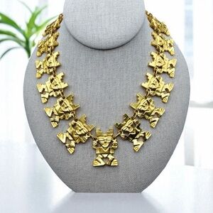 Vintage Ccori Peru Gilt Gold Haute Couture Mayan Aztec God Warrior Necklace 16”